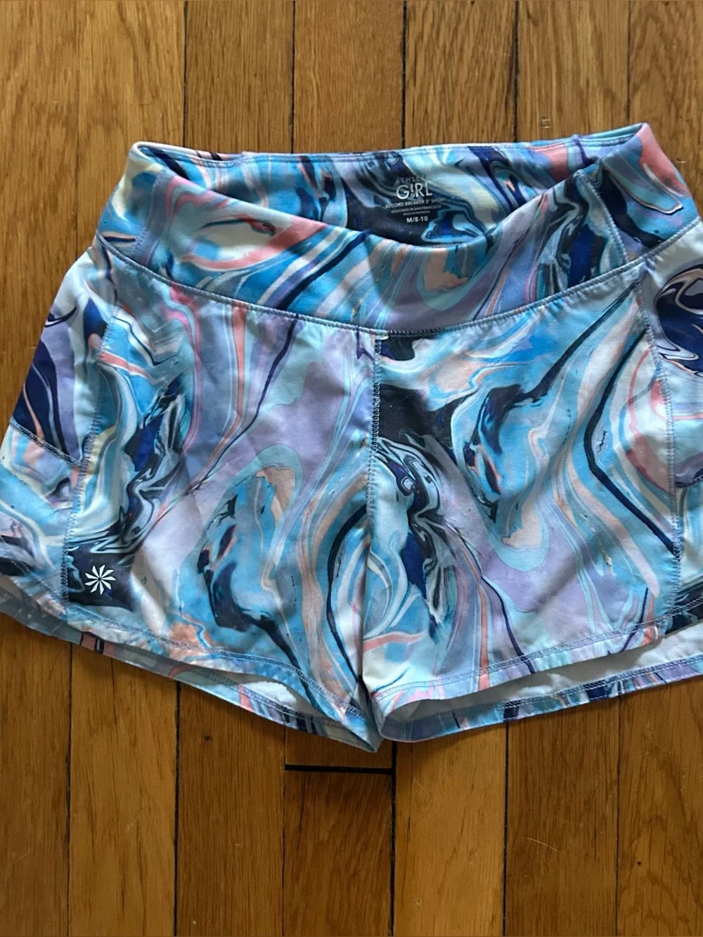 Athleta Girl girls size 8-10 Record Breaker 3” shorts. Pink blue marble-print